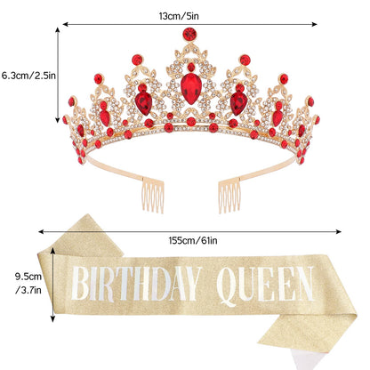 CAVETEE Red Black Birthday Crown and Sash for Women Sash & Rhinestone Tiara Set Red and Black Party Decorations Birthday Queen Crowns Tiaras for Women
