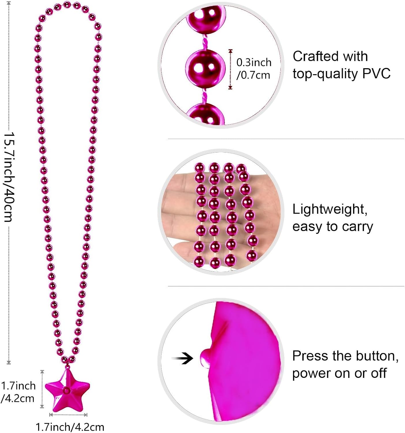 6 Pack Clear LED Glow Star Necklace Bulk Beaded Necklaces for Halloween Christmas Decorations Mardi Gras Party Favors