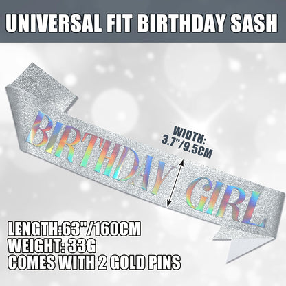RUDONG M Birthday Girl Sash Glitter - Silver Birthday Sash for Women & Girls | Sweet 16/18th/21st/30th/40th/50th/60th/70th, All-Age Celebration Party Decor