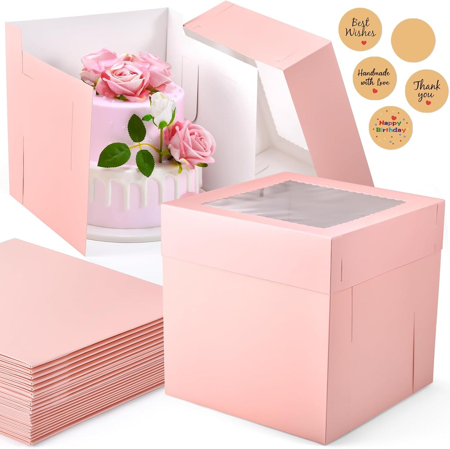 12Pcs 8x8x8 Inches Cake Boxes, Pink Square Bakery Boxes with Window, Disposable Cake Carrier Container for Pastries, Pie, Cookies, Chocolates, Cupcakes, Birthday Party, Wedding