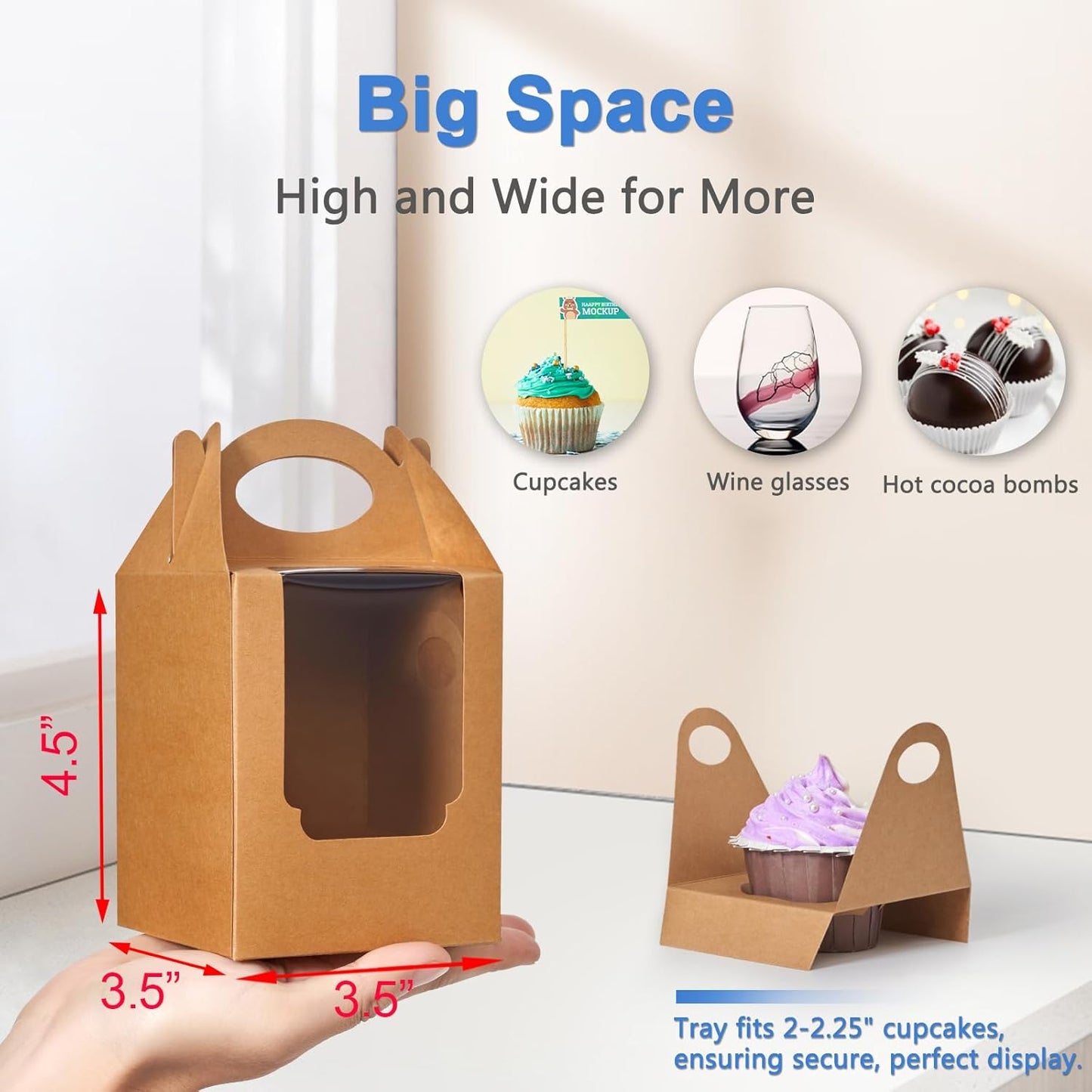 Cupcake Boxes 50 pcs, Individual Cupcake Containers Brown with Window Insert and Handle, Pastry Box Single Muffins Holder Disposable for Bakery Wrapping Party Favor Packaging
