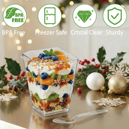 50Pack 5oz Plastic Dessert Cups with Lids and Spoons, Clear Parfait Appetizer Cups for Party, Mini Shooter Serving Cup, Square Dessert Shot Glasses for Tasting