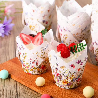 Vesici 200 Counts Wildflower Tulip Cupcake Liners Wildflower Baby Shower Decorations Liners Tulip for Baking Cups for Spring Easter Bridal Shower Wedding Festival Party