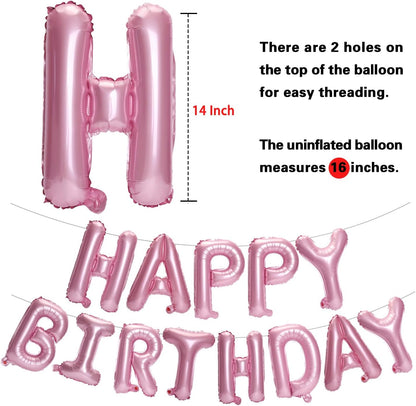 PIGETALE Happy Birthday Banner, 16 Inch Mylar Foil Letters Sign Bunting Happy Birthday Balloon Letters Balloons Reusable Ecofriendly Material for Girls Boys Kids Women Men (Hot Pink)
