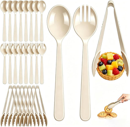 24 Pcs Black Plastic Serving Utensils Set - Heavy Duty Disposable Serving Spoons, Forks & Tongs (8 of Each) - BPA-Free Catering Supplies for Buffets, Parties, Weddings & Events (9 Inch)