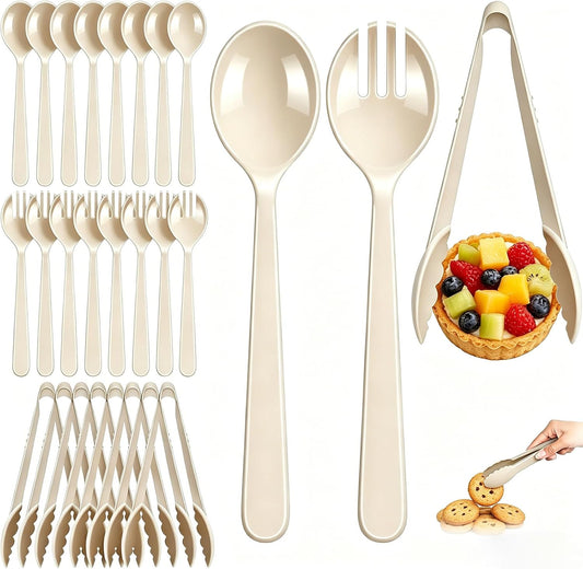 24 Pcs Black Plastic Serving Utensils Set - Heavy Duty Disposable Serving Spoons, Forks & Tongs (8 of Each) - BPA-Free Catering Supplies for Buffets, Parties, Weddings & Events (9 Inch)
