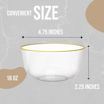 White Gold Rim Disposable Plastic Bowls - 16 Oz, 30 Count - Large, Heavy Duty - Perfect for Weddings & Parties