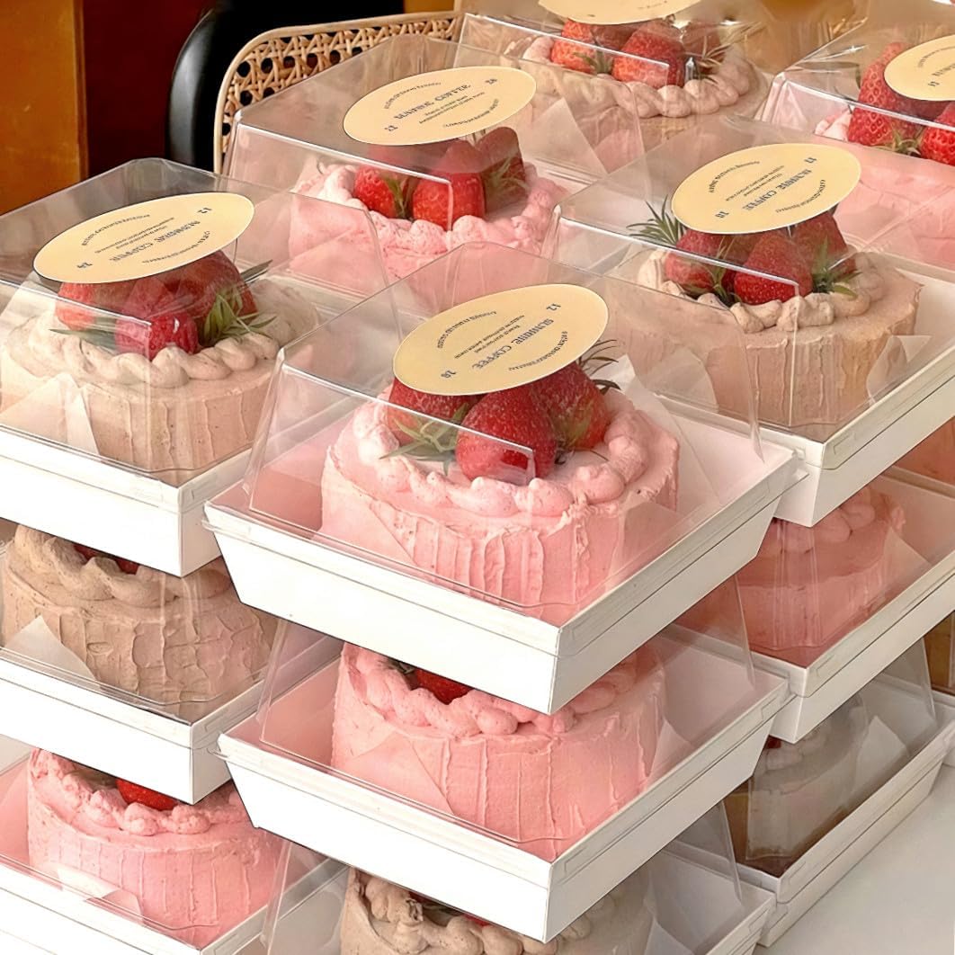 Ocmoiy 7x7x4 Inches White Paper Cake Boxes with Clear Lids for 6 Inch Cakes, 20 Pack Square Disposable Cake Bakery Take Out Containers, To Go Dessert Boxes