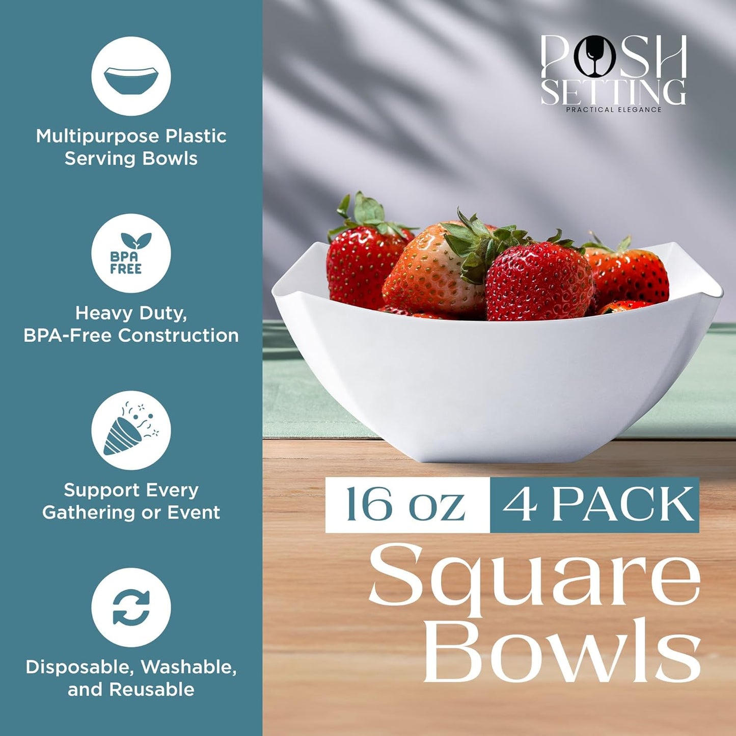 Posh Setting - Clear Plastic Serving Bowls for Party (8oz - 4 Pack) Square, Disposable, Salad & Fruit Bowls for Party Table, Candy Containers for Candy Buffet