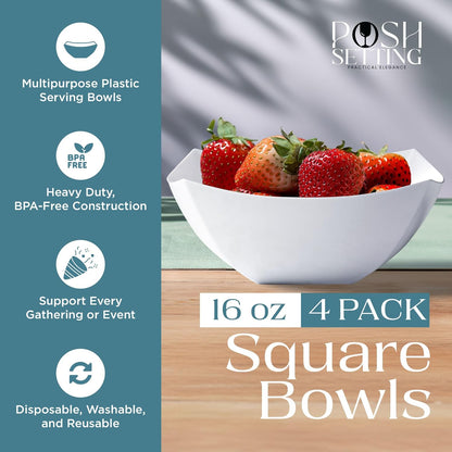 Posh Setting - Clear Plastic Serving Bowls for Party (8oz - 4 Pack) Square, Disposable, Salad & Fruit Bowls for Party Table, Candy Containers for Candy Buffet