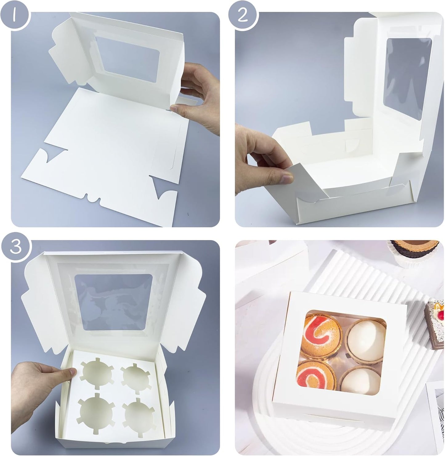 MUMULULU 8 PCS White Paper Cupcake Boxes with 4 Cavity Cookie Gift Boxes with Clear Window 4 Treat Holder Cupcake Containers Bakery Cake Box for Birthday Party Bakery Supplies