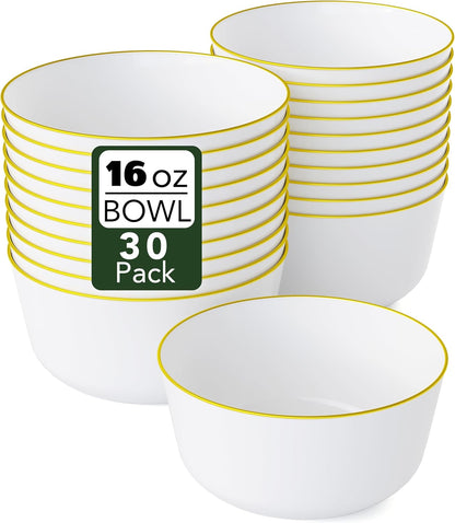 White Gold Rim Disposable Plastic Bowls - 16 Oz, 30 Count - Large, Heavy Duty - Perfect for Weddings & Parties