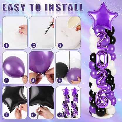 2 Sets Graduation Balloon Column Stand Kits with Balloons 2026 Grad Themed Decoration Navy Blue Balloon Tower Stand Kit for Grad High School & College Celebration Party Decor