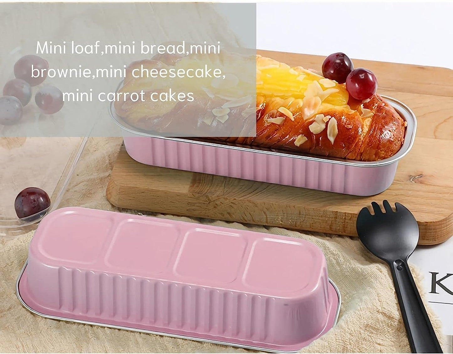Findful Mini Loaf Baking Pans with Lids and Spoons (50 Pack, 6.8oz) Rectangle Aluminum Foil Baking Pans Tins Containers - Cupcake Containers Wrappers Cheesecake Creme Brulee Ramekins