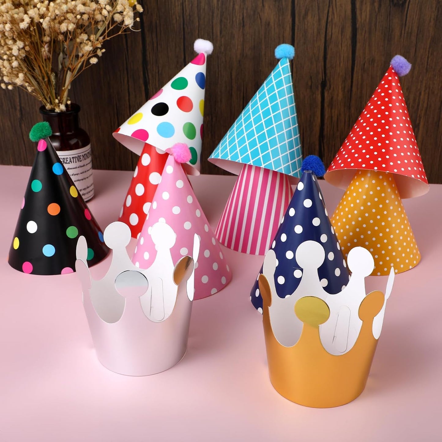 Thinp 11 Pcs Adorable Party Hats Set - 9 Cone Hats with Pom Poms & 2 Paper Crowns for Pet Birthday Party Decor