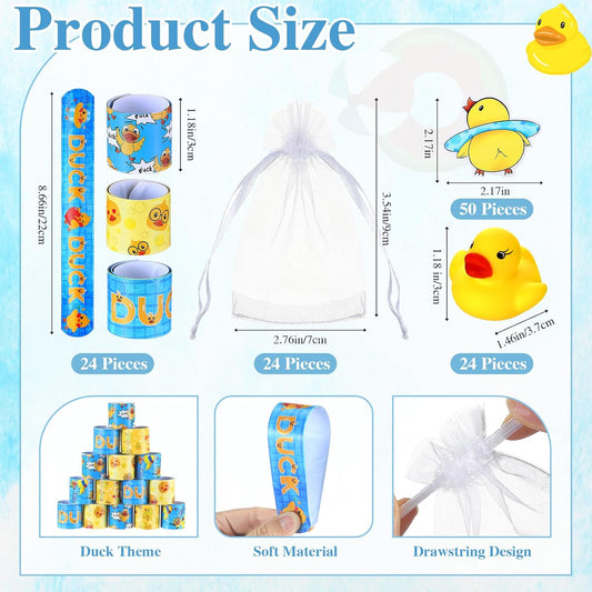 Realspring 122 Pcs Duck Party Favors 24 Pcs Mini Rubber Duck Slap Bracelets Stickers White Organza Bags Cute Gifts Supplies for Birthday Shower Prizes Decorations