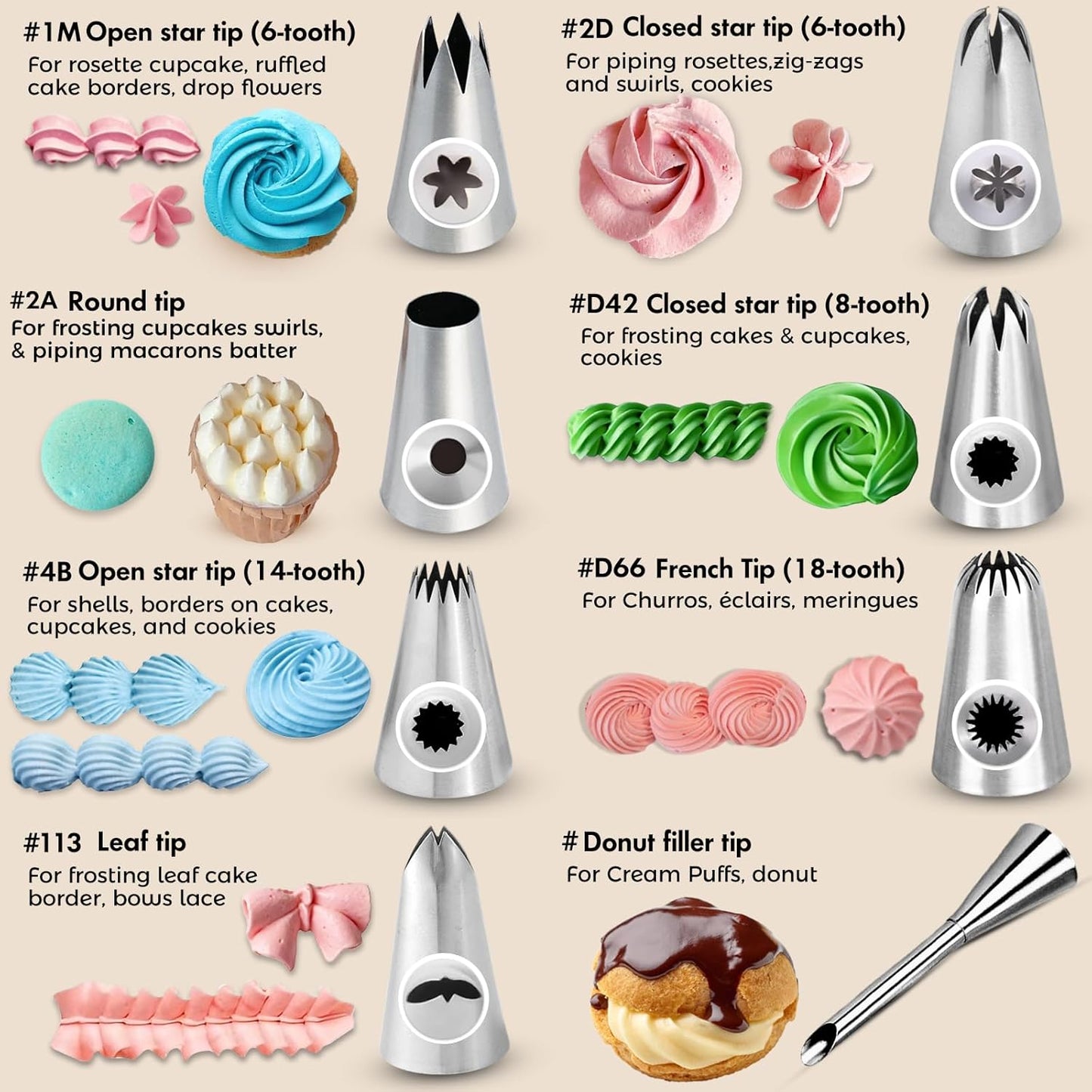 15PCS Reusable Piping Bags and Tips Set - Cake Decorating Kit with 8 Stainless Steel Nozzles, 2 Silicone Pastry Bags, 2 Couplers, Flower Nail, Lifter, Guide & Brush