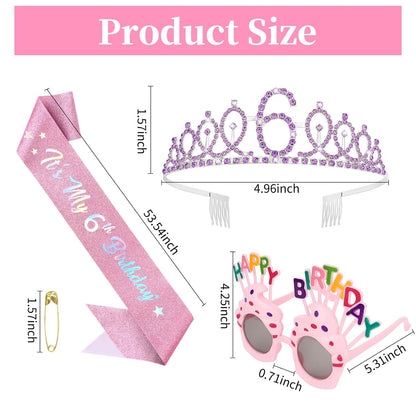 YARIEW 3rd Birthday Decorations, 3rd Glitter Purple Sash and Crown Kit with Happy Birthday Sunglasses, Tiara Princess Crown and Sash Party Outfit Accessory