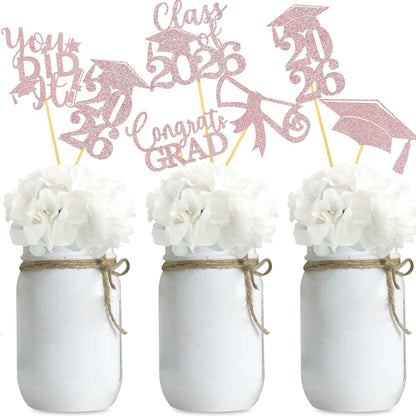 Graduation Centerpiece Sticks 24PCS Glitter Grad Picks Party Table Decor Senior High School College Sign Gold
