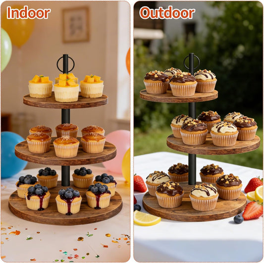 Cupcake Stand, 3 Tier Cake Stands Rustic Dessert Table Display Set Wood Cupcake Tower Cake Stand Tiered Tray Stand for Wedding Birthday Baby Shower 2 Pack