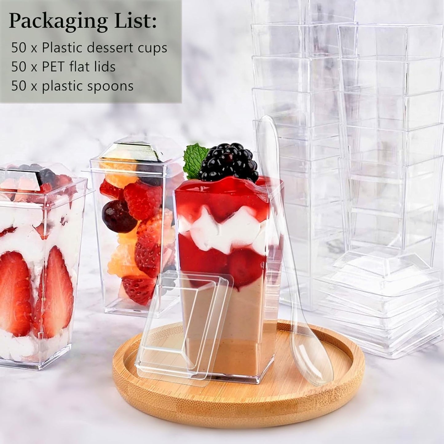 TOFLEN 50 Pack 5 oz Plastic Dessert Cups with High Lids for Party, Mini Dessert Cups with Spoons Dessert Shooter Cups for Yogurt Parfait, Appetizer, Pudding, Fruit and Ice Cream