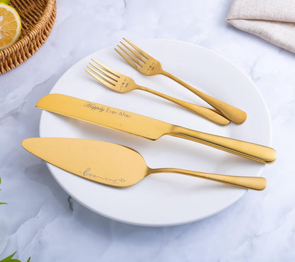 Wedding Cake Knife and Server Set with Forks, Engraved Cake Cutting Set for Wedding Anniversary Christmas Engagement（Gold