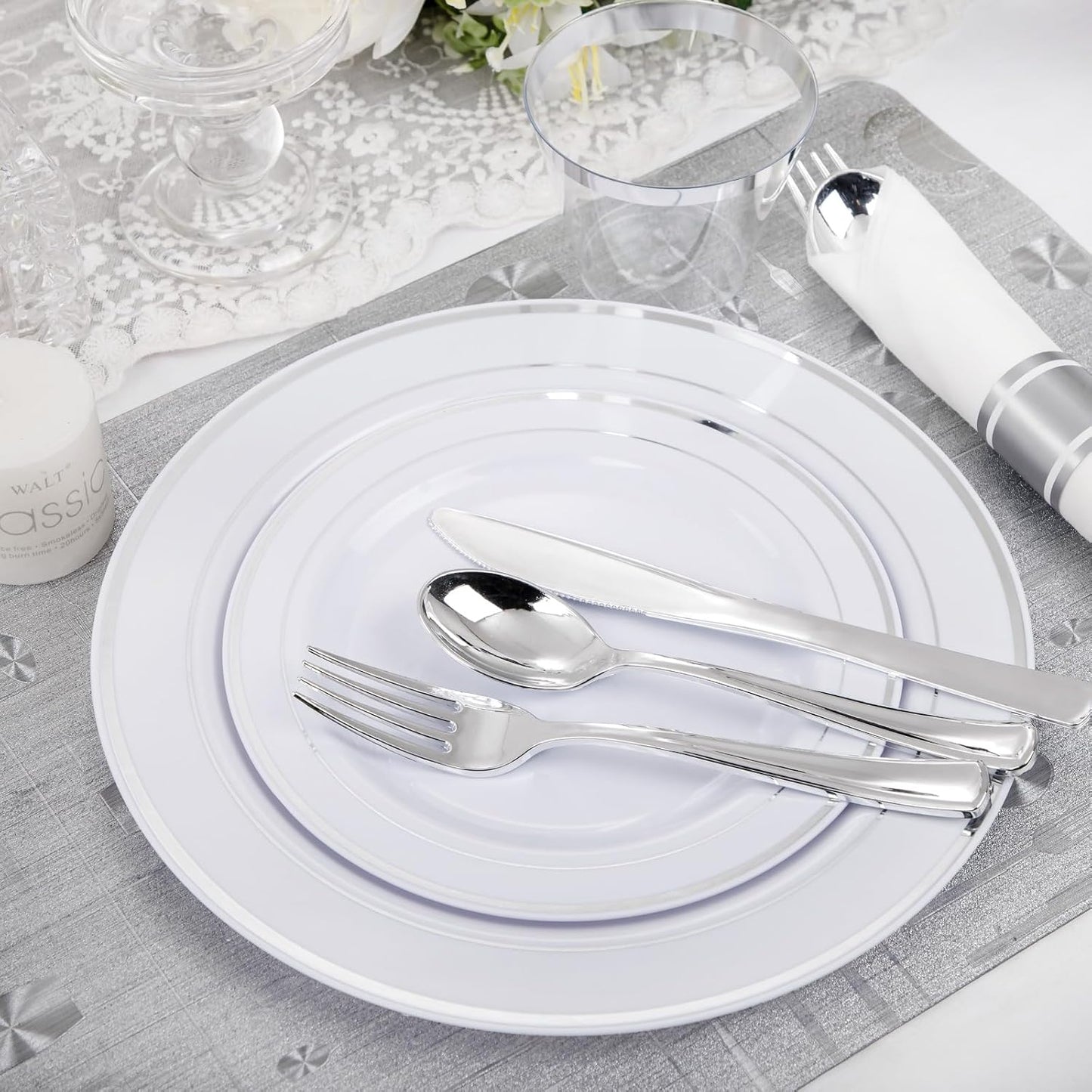 WELLIFE 350-Piece Gold Disposable Plates and Cutlery Set - Premium 10.25" Dinner Plates, 7.5" Dessert Plates, 9oz Cups & Cutlery for Weddings, Catering Events - 50 Guest Service - Elegant & Sturdy