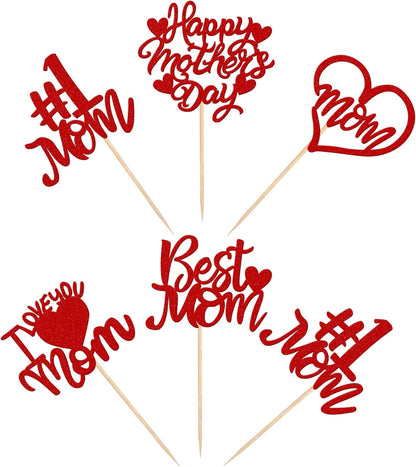 24 PCS Happy Mother's Day Cupcake Toppers with Glitter Heart Love Mother Best Mom Cupcake Picks for Happy Mother's Day Theme Women Birthday Party Cake Decorations Supplies Rose Gold