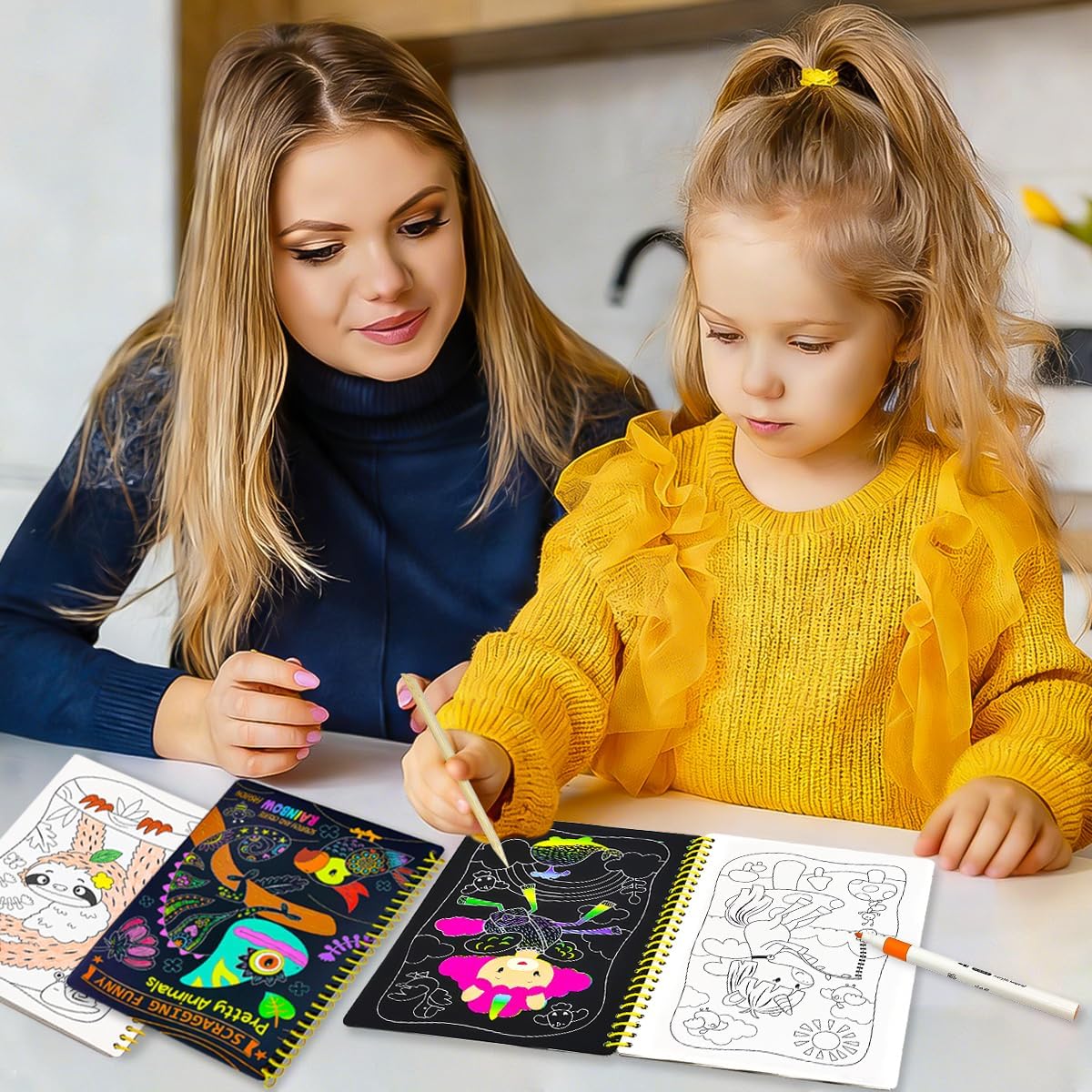 JUNQIU Scratch Art for Kids, Unicorns Black Rainbow Scratch Art Paper Set-Arts and Crafts & Supplies, DIY Activity & Party Games, Gifts for Toddlers, Girls & Boys Ages 3, 4, 5, 6, 7, 8