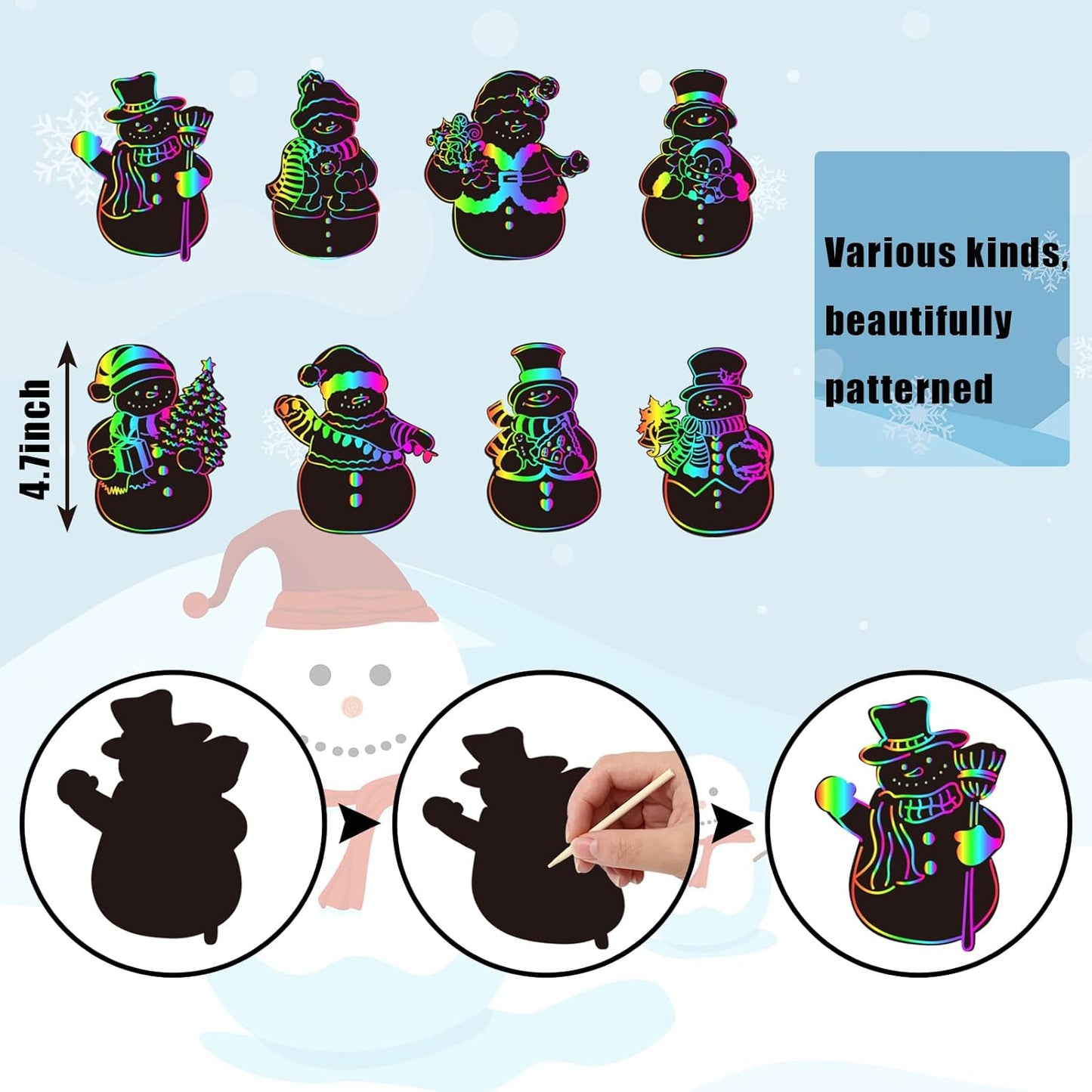 JarThenaAMCS 120Pcs Winter Snowman Scratch Paper Rainbow DIY Scratch Art Magic Scratch Off Cutout with 120Pcs Ribbons 60Pcs Wooden Styluses for Christmas Craft Party Game