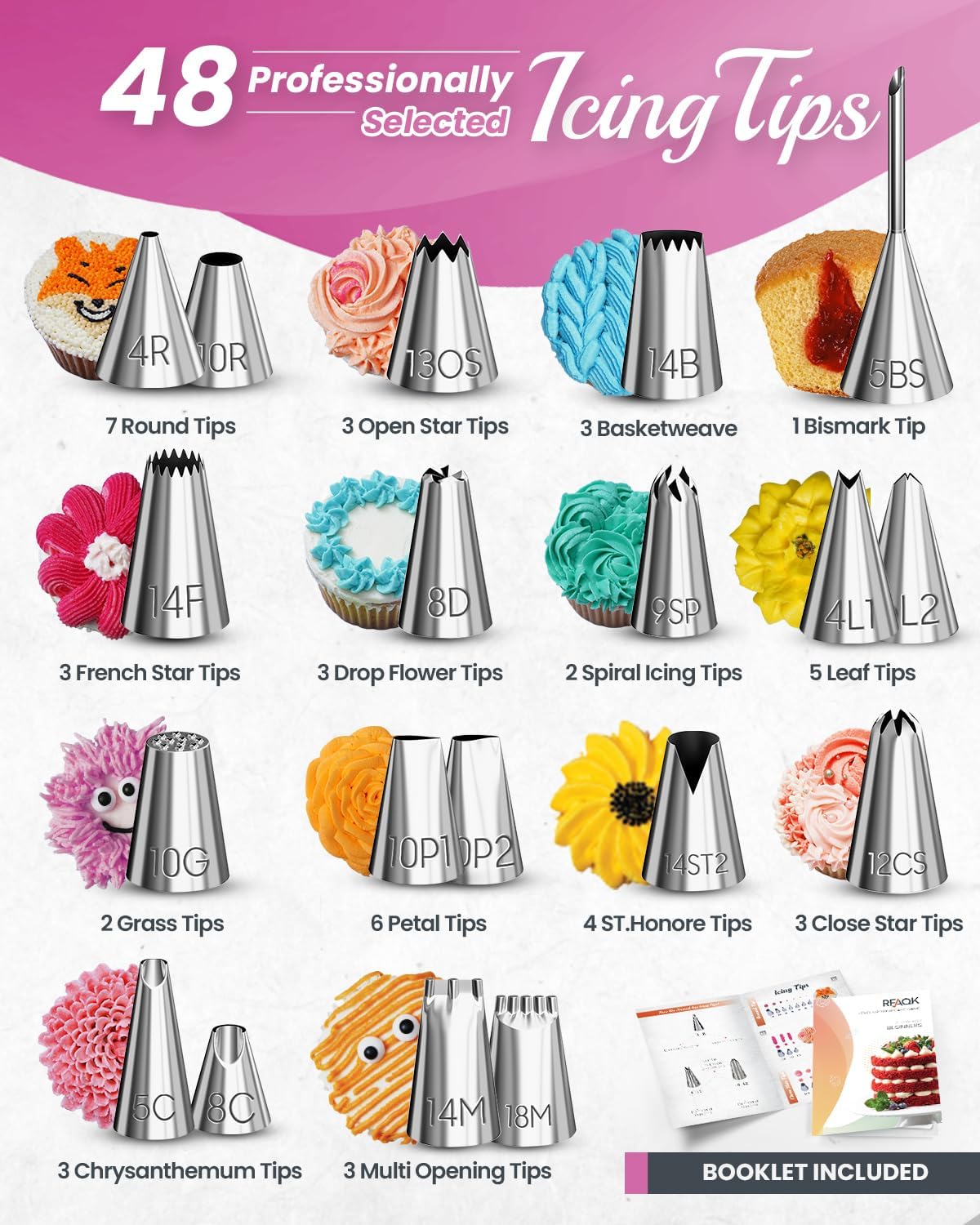 RFAQK 74 PCs Icing Piping Bags and Tips Set, Cake Decorating Kit with 48-Numbered Piping Tips, Anti Burst Pastry Bags for Cookie Cupcake Cake Decoration, Cake Decorating Tips Set with Booklet & E-book
