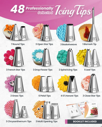 RFAQK 74 PCs Icing Piping Bags and Tips Set, Cake Decorating Kit with 48-Numbered Piping Tips, Anti Burst Pastry Bags for Cookie Cupcake Cake Decoration, Cake Decorating Tips Set with Booklet & E-book