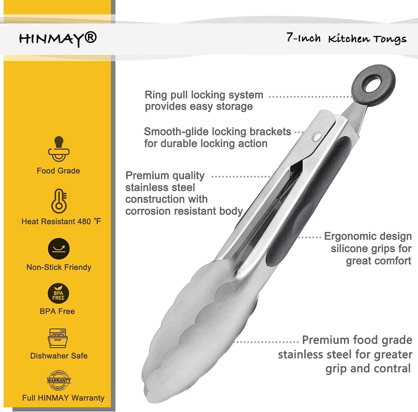 HINMAY Small Silicone Tongs 7-Inch Mini Serving Tongs, Set of 3 (Black Gray White)
