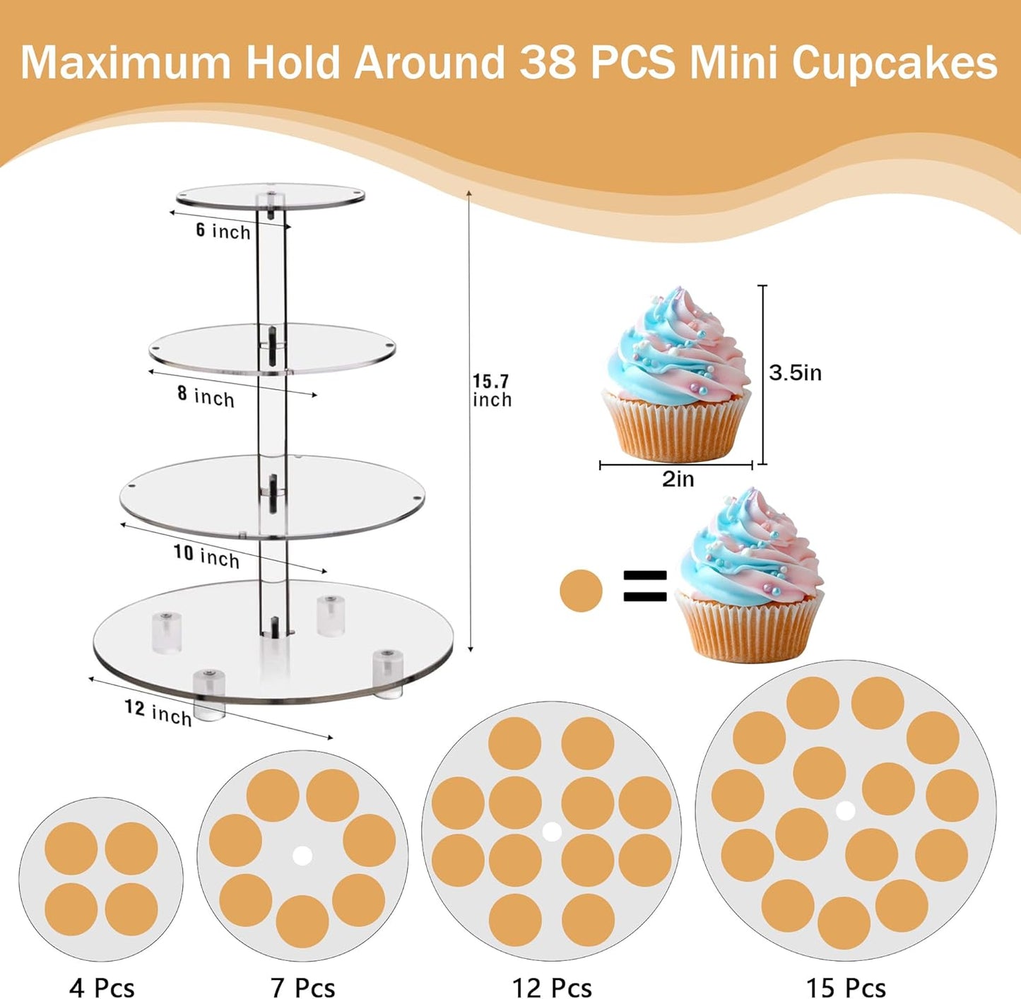 YestBuy Cupcake Stand with Yellow Led Lights, 4 Tier Cupcake Stand for 50 Cupcakes, Acrylic Cupcake Tower Stand, Clear Tiered Cupcake Holder for Birthday Cady Bar Décor Weddings, Parties Events