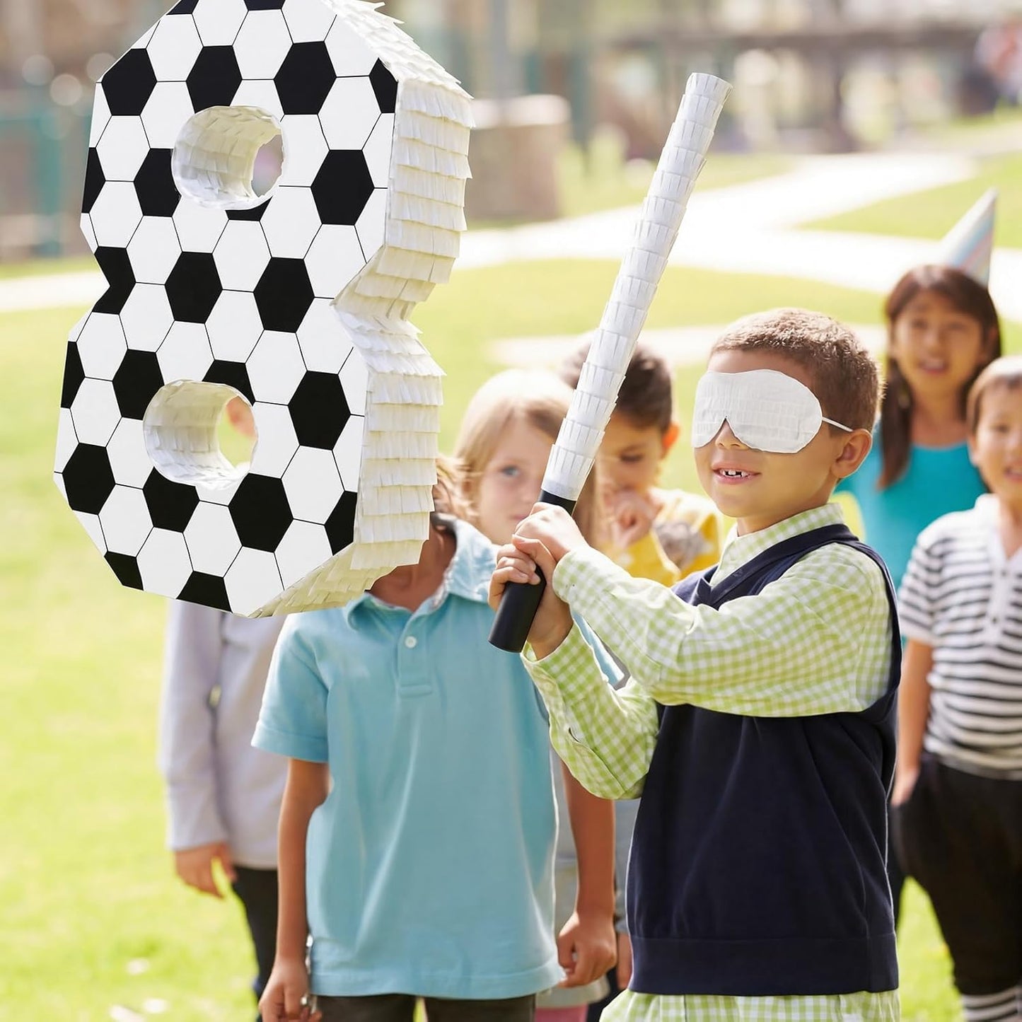 Gemscream Number 9 Soccer Piñata Bundle with Blindfold and Stick Small Piñata Party Decoration for Mexican Fiesta Cinco De Mayo School Anniversary Football Party Celebration Gift 15.75 x 11 x 2.8 in