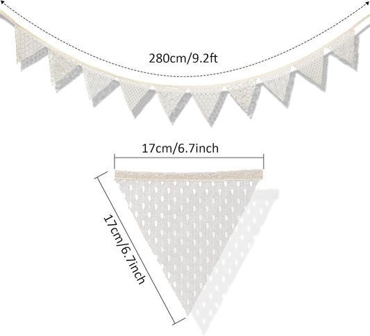 Boho Vintage White Floral Lace Pennant Bunting Banners - Beige Fabric Triangle Flags Garland for Wedding, Bridal Shower, Valentine's Day, Birthday Party Decor