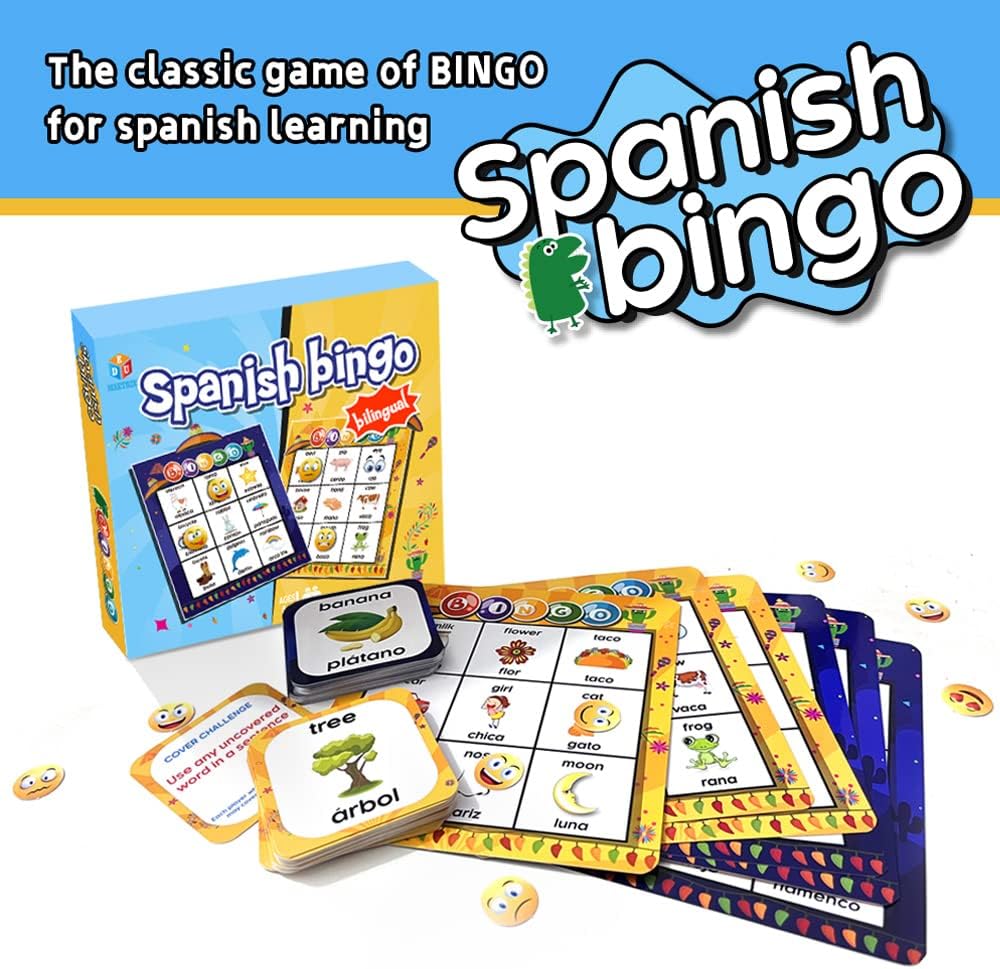 Spanish English Bilingual Bingo with Challenging Cards Vocabulary Language-Learning Educational Reading Games for Kids Ages 5+