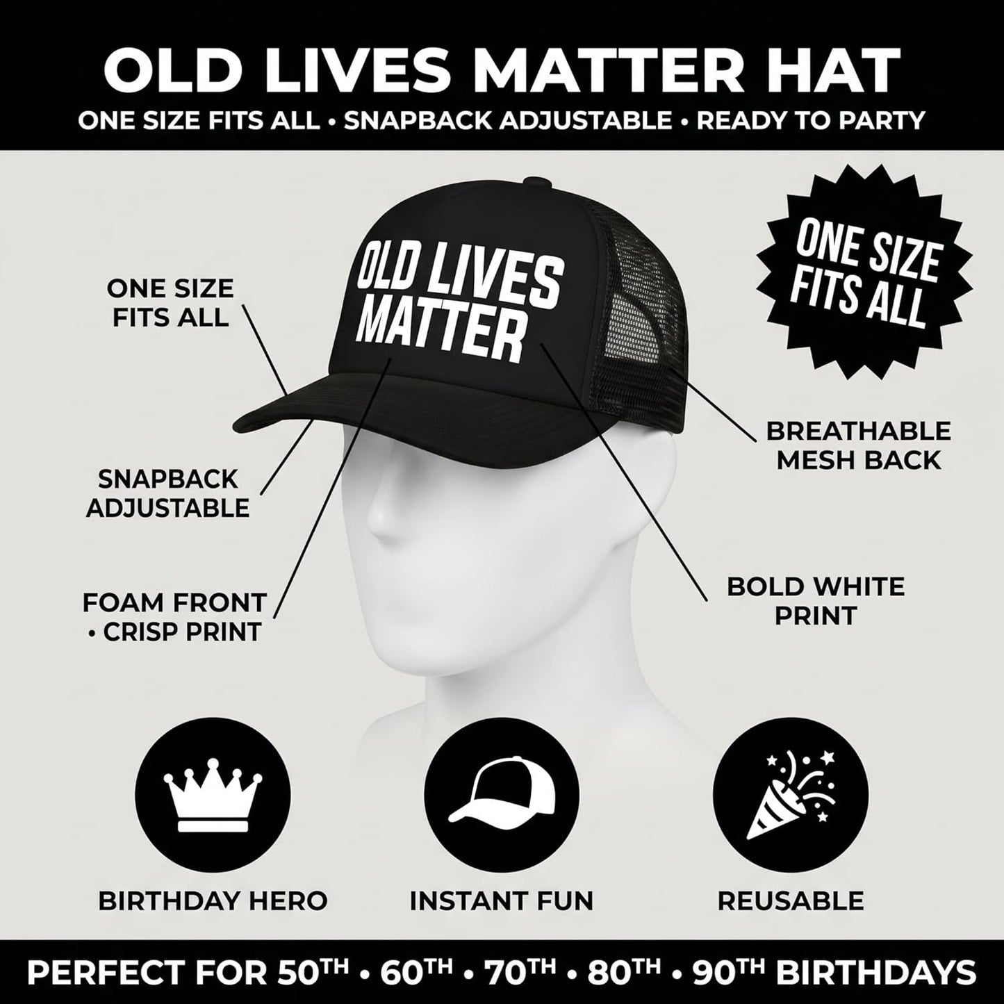Funny Birthday Party Novelty Trucker Hat - Birthday and Retirement Gifts for Him or Her - Party Decorations, Supplies and Gifts Black