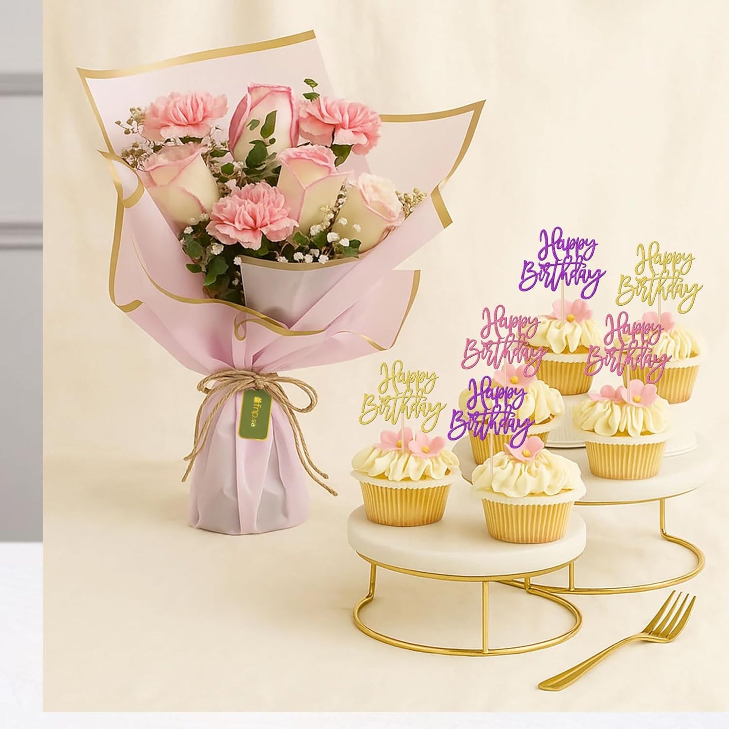 24 PCS Happy Birthday Cupcake Toppers Glitter Picks for Celebrating Anniversary Theme Party Cake Decorations Supplies Gold
