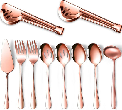 Patelai Serving Utensils Set Include Stainless Steel Large Spoons Slotted Spoons Forks Tongs Soup Ladle and Pie Server for Parties Buffet Catering, Dishwasher Safe(Silver,10 Pieces)