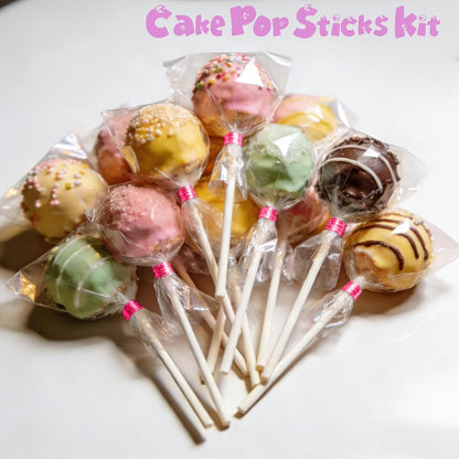 Basquei Cake Pop Sticks 6 Inches, Cake Pop Bags (3.9"X4.7"), Pink Metallic Twist Ties, 300 Pcs Cake Pop Kit Used for, Lollipops Cake, Candies, Chocolates Making Tools