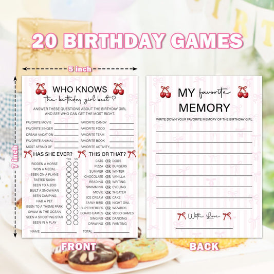 Cherry Birthday Party Games, Who Knows The Birthday Girl Best & Favorite Memory, Sleepover Party & Acticities Supplies, Girls Birthday Night Game Ideas, Set of 20 Birthday Game for Teen Adults /03