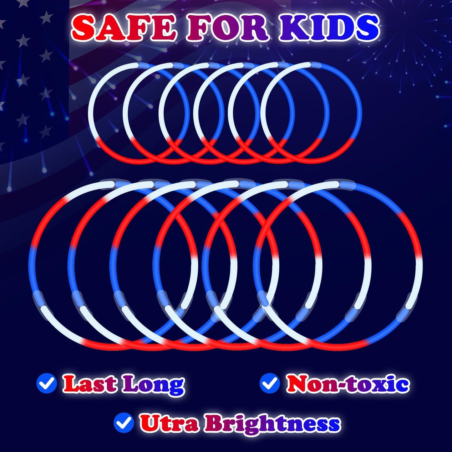 Glow Sticks Party Pack 8"-50, Light up Bracelets & Necklaces Accessories for Kids, 250th Anniversary 4th of July Neon Glow in the Dark Party Favor Supplies Decoration for Camping Wedding Dance Parade
