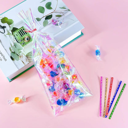 5x7 Inch Iridescent Cellophane Treat Bags with Twist Ties, Treat Bags for Candy Cookie Goodie Chocolates, And Popcorn