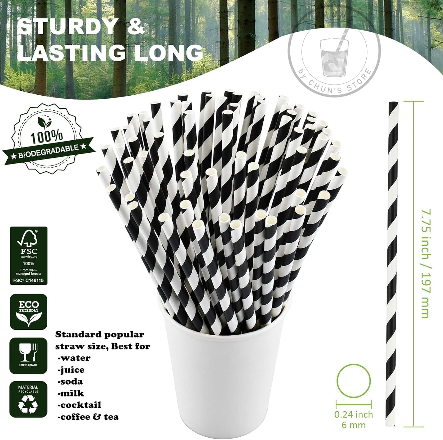 Black Paper Straws 1000 Count - 7.75" x 0.24", 100% Biodegradable & Compostable, Disposable Drinking Straws Bulk - Cocktail, Bars, Restaurants