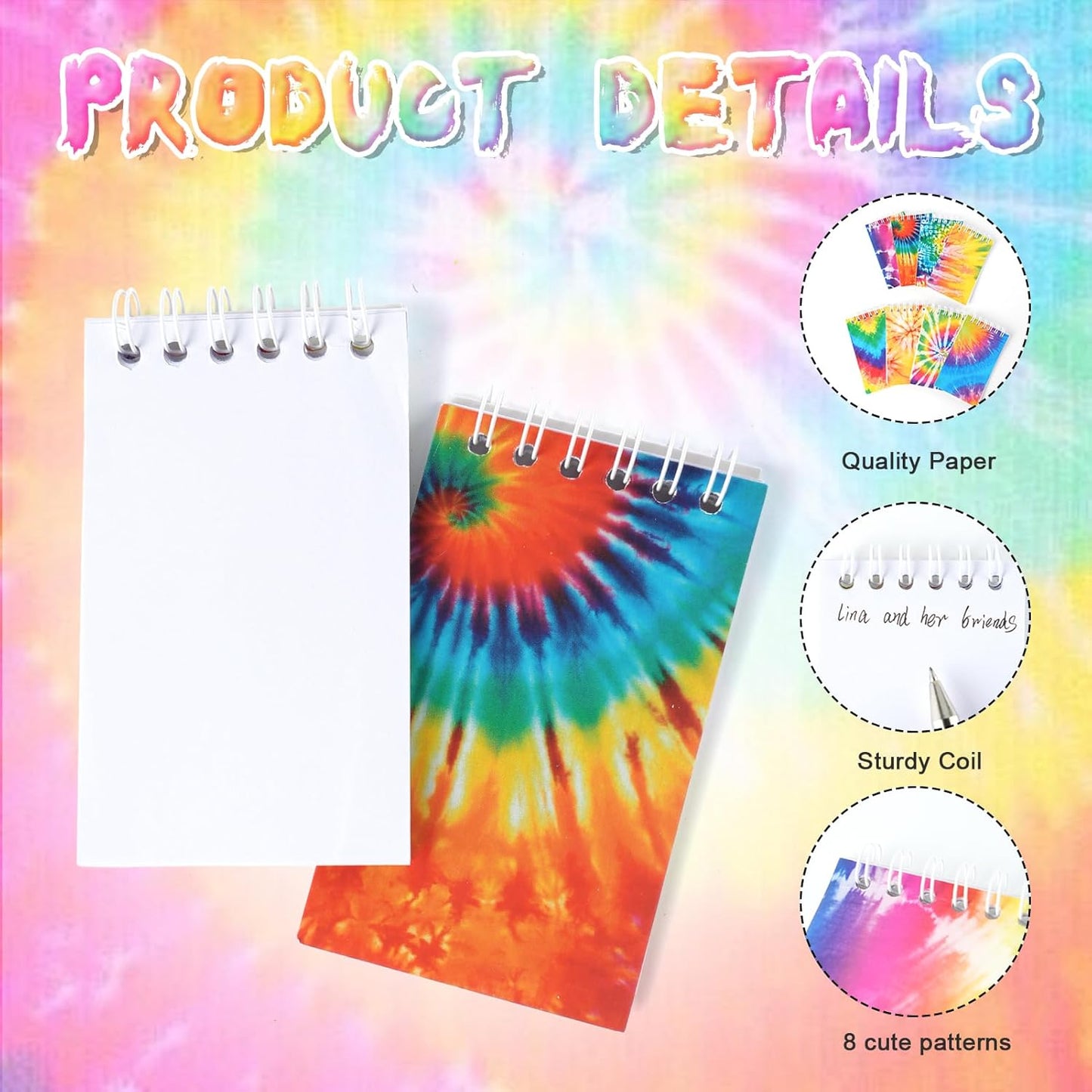 OZIO 24PCS Mini Tie Dye Notepads Tie Dye Party Favors Art Party Spiral Pocket Notebooks Fun Coil Mini Notepads Teacher Classroom Supplies Bag Fillers Birthday Party Favors, 8 Style (24)