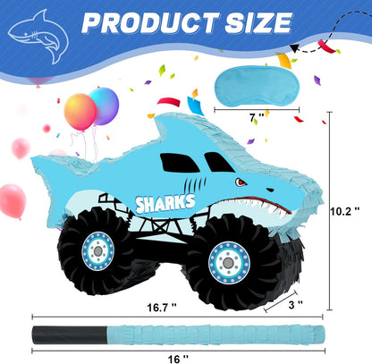 Shark Truck Pinata - Monster Truck Pinata with Blindfold and Bat for Kids Shark Monster Truck Theme Birthday Party Game Decorations (Small Size 16.7”x10.2”x3”)