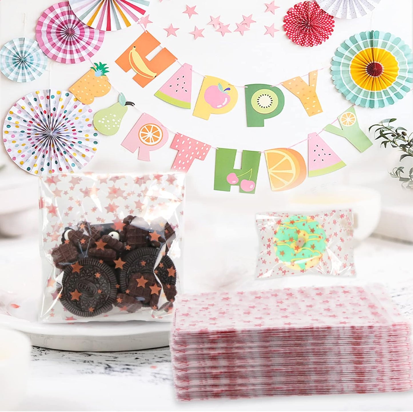 100 Pcs Star Printed 5"X 7" Gift Wrap Cello Cellophane Treat Bags Party Favor bags Clear Candy Cookie Bag Plastic Poly Goodie Storage Bag with Twist Ties for Bakery,Birthday, Wedding ,Party Decorations (Gold)