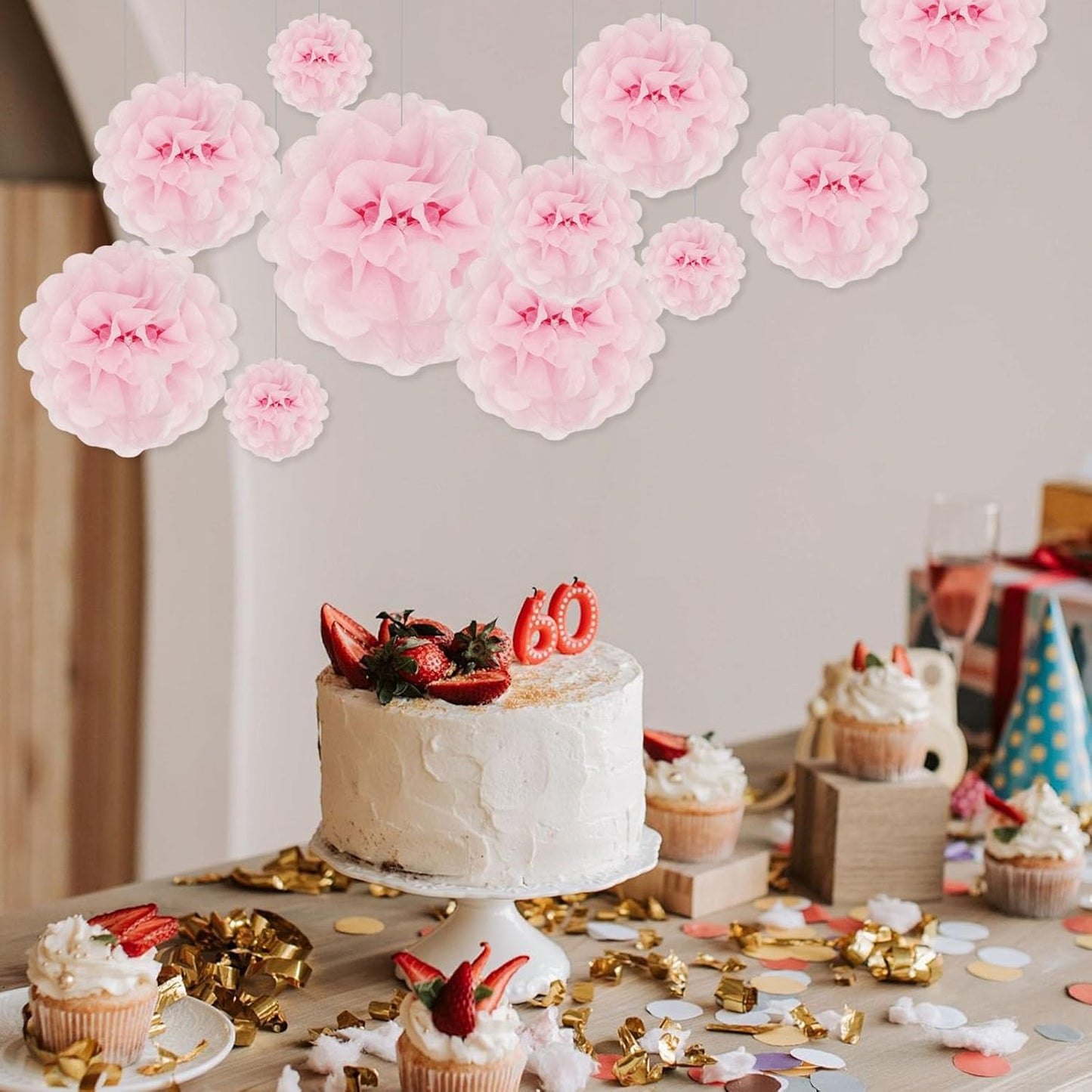 Tissue Paper Pom Poms, Pink Tissue Paper Flowers, Hanging Flower Balls for Weddings Fiesta Parties Birthday Baby Showers Classroom Bridal Shower Decoration (18Piece Set-6/10/12/14Inch)