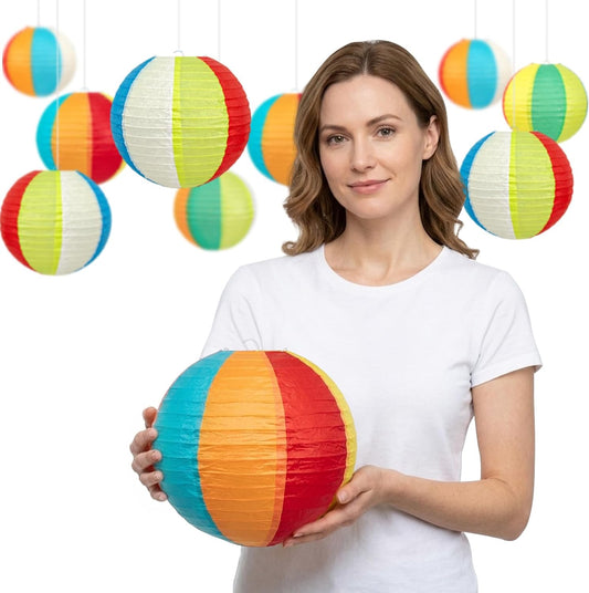 Beach Ball Paper Lanterns 10 Pcs - 8" Colorful Summer Hanging Decorations for Pool Party, Beach Birthday Party, Classroom & Office Decor